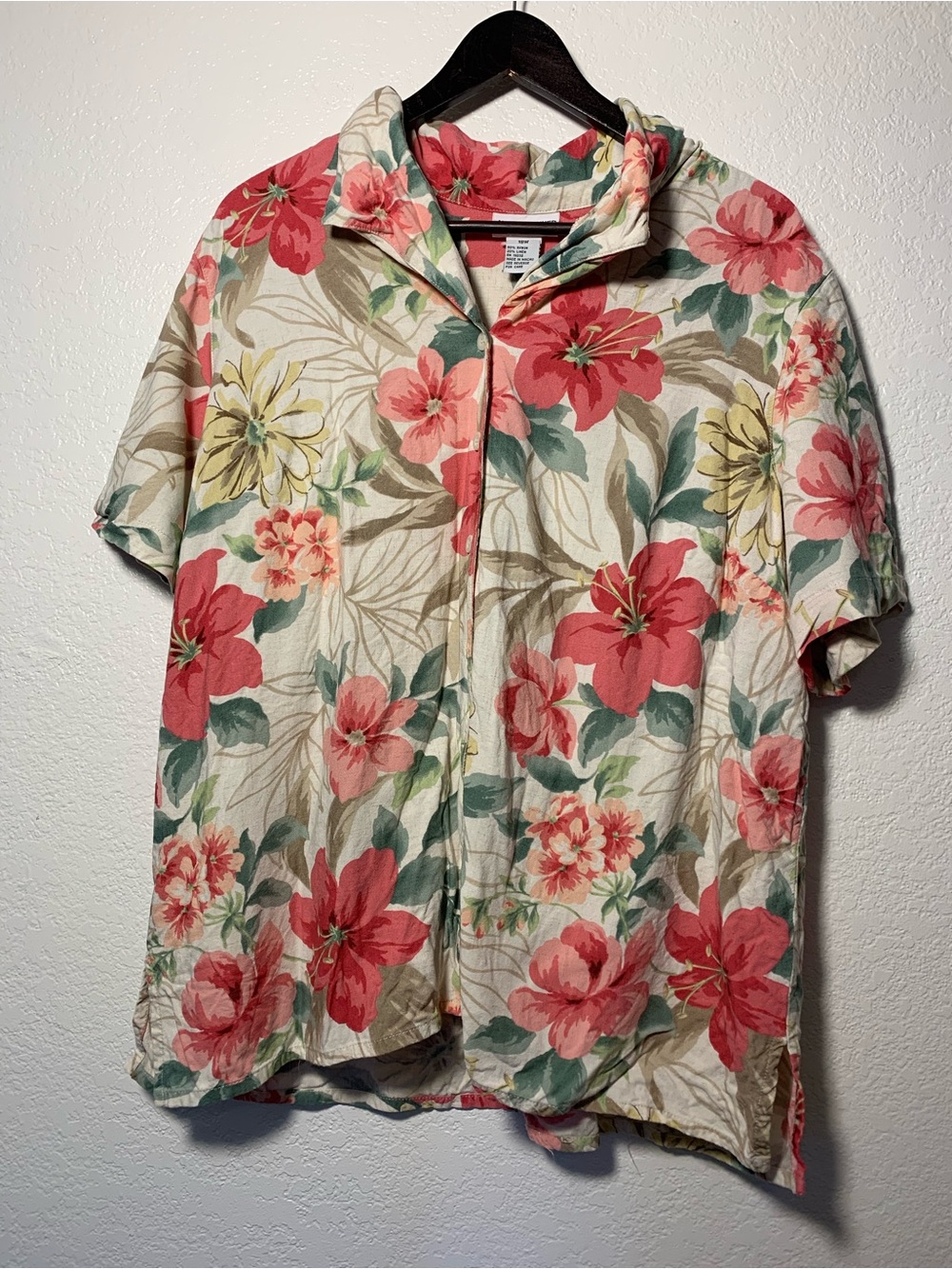 Alfred Dunner Coral, Cream, Green Floral Button-Down Shirt Rayon Linen Blend 18W